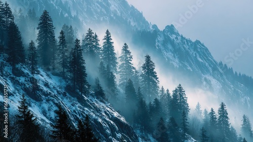 Misty mountain slope with pine trees