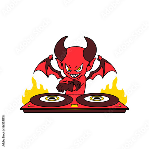 Devilish DJ character rocking turntables, a hot design suitable for party flyers, music promotions, or edgy branding.
