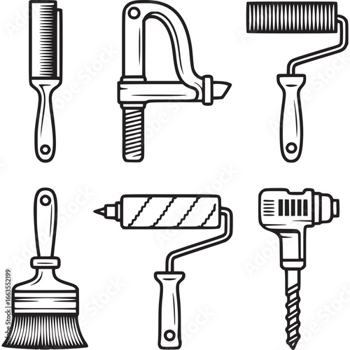 Art of set of construction and repair tools in silhouette, featuring paint rollers, brushes, clamps, and drills