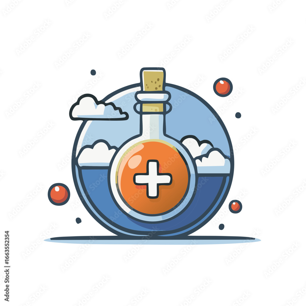 Obraz premium Cartoon Style Magic Potion with Plus Sign, Liquid in Round Bottle, Cloud and Medicine Concept