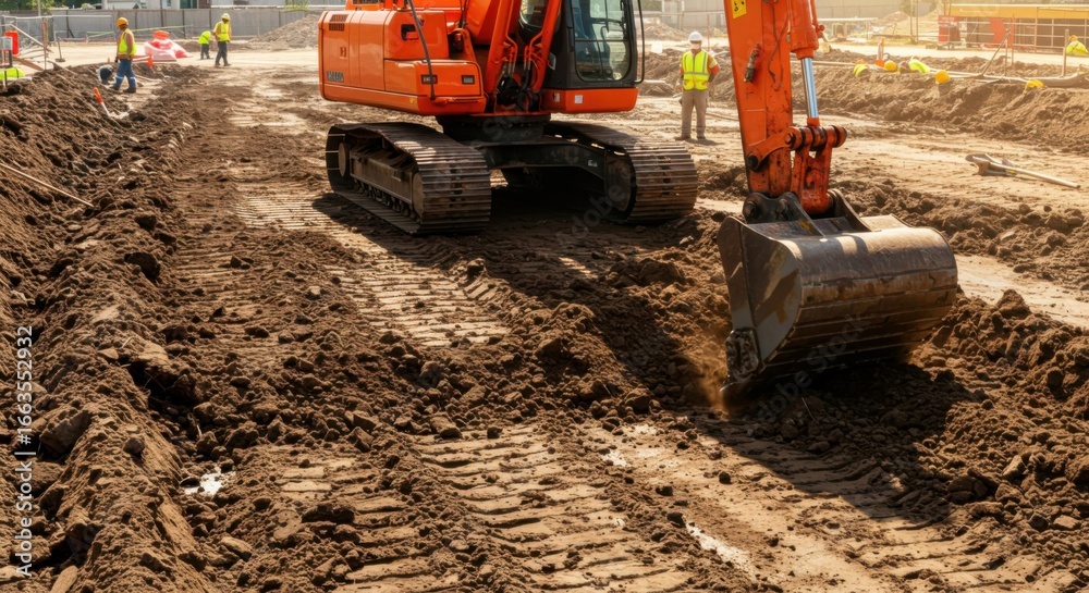Fototapeta premium A mechanical excavator arm penetrates ground layers with strength and power.