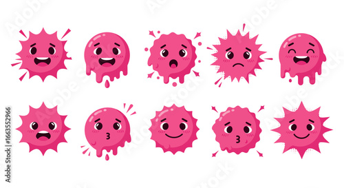 Cute pink virus characters with various expressive faces for health and safety themes
