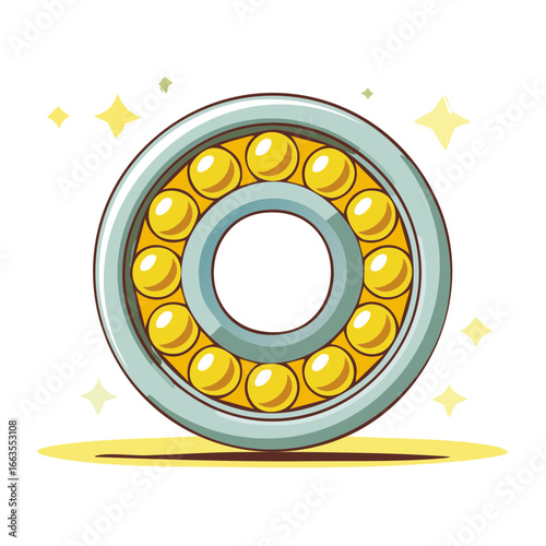 Illustration of a gleaming metallic bearing with golden spheres for industrial applications