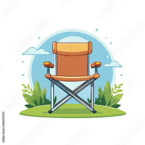 Cartoon Folding Camp Chair with armrests on grassy ground against light blue sky, ready for a relaxing outdoor experience