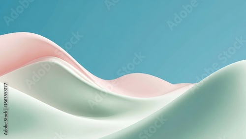 Abstract, soft, pastel-colored, wavy shapes against a light teal background