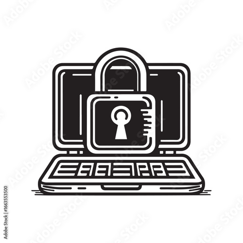 Laptop with Lock Icon Vector Black and White