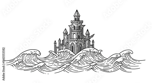 Linear medieval castle amid ocean waves black and white art