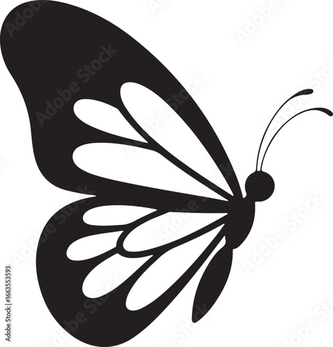 Elegant Black Butterfly Silhouette with Detailed Wing Patterns and Antennae Design for Nature Related Projects and Creative Designs on White Background