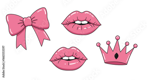 Pink glam: bow, lips, and crown icon set in cartoon style