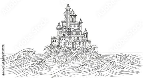 Medieval castle battling ocean waves in detailed line art