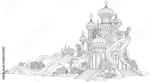 Fantastical castle with intricate details and whimsical architecture in black and white line art