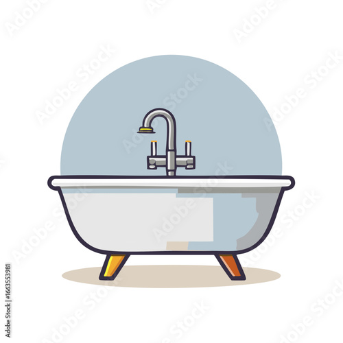 Bathroom Bathtub Illustration, Clean Ceramic Tub with Faucet and Plumbing Fixture, Sanitary Installation Drawing
