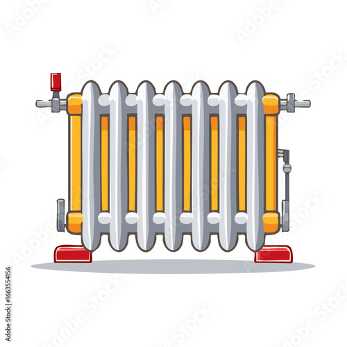Cartoon Radiator Illustration, Gray and Yellow Heating Appliance with Red Base