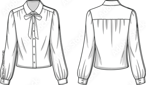 CAD drawing flat vector illustration of pleated blouse design, bow neckline, buttoned front, gathered back yoke, stylish garment layout sketc