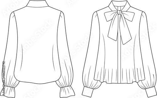 CAD drawing flat vector illustration of pleated blouse design, long sleeves, bow neckline, front button style, fashion sketch layout views