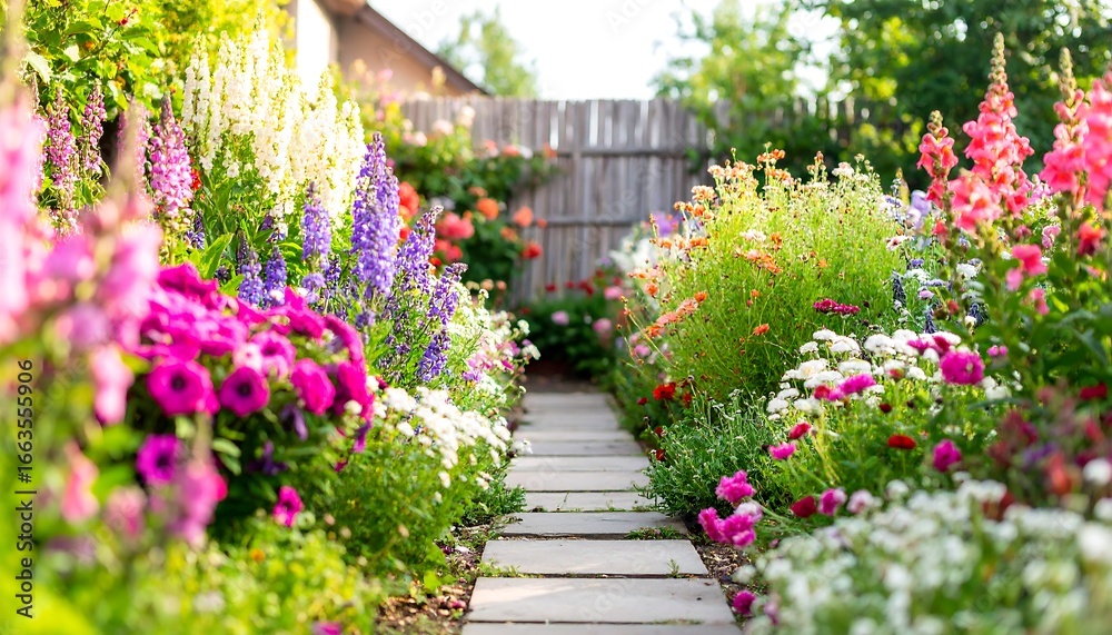 Naklejka premium A vibrant flower garden path winds through a colorful display of blooming flowers in various shades of pink, purple, and orange.