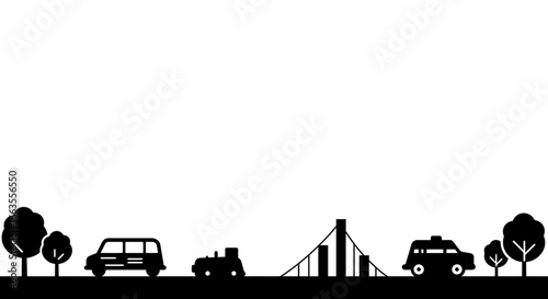 Cityscape with silhouette vehicles and trees in minimalist style