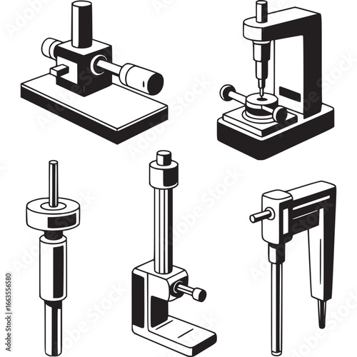 Art of collection of five black and white technical measurement tools and instruments, including calipers, micrometers, and indicators, used for precision engineering and quality control
