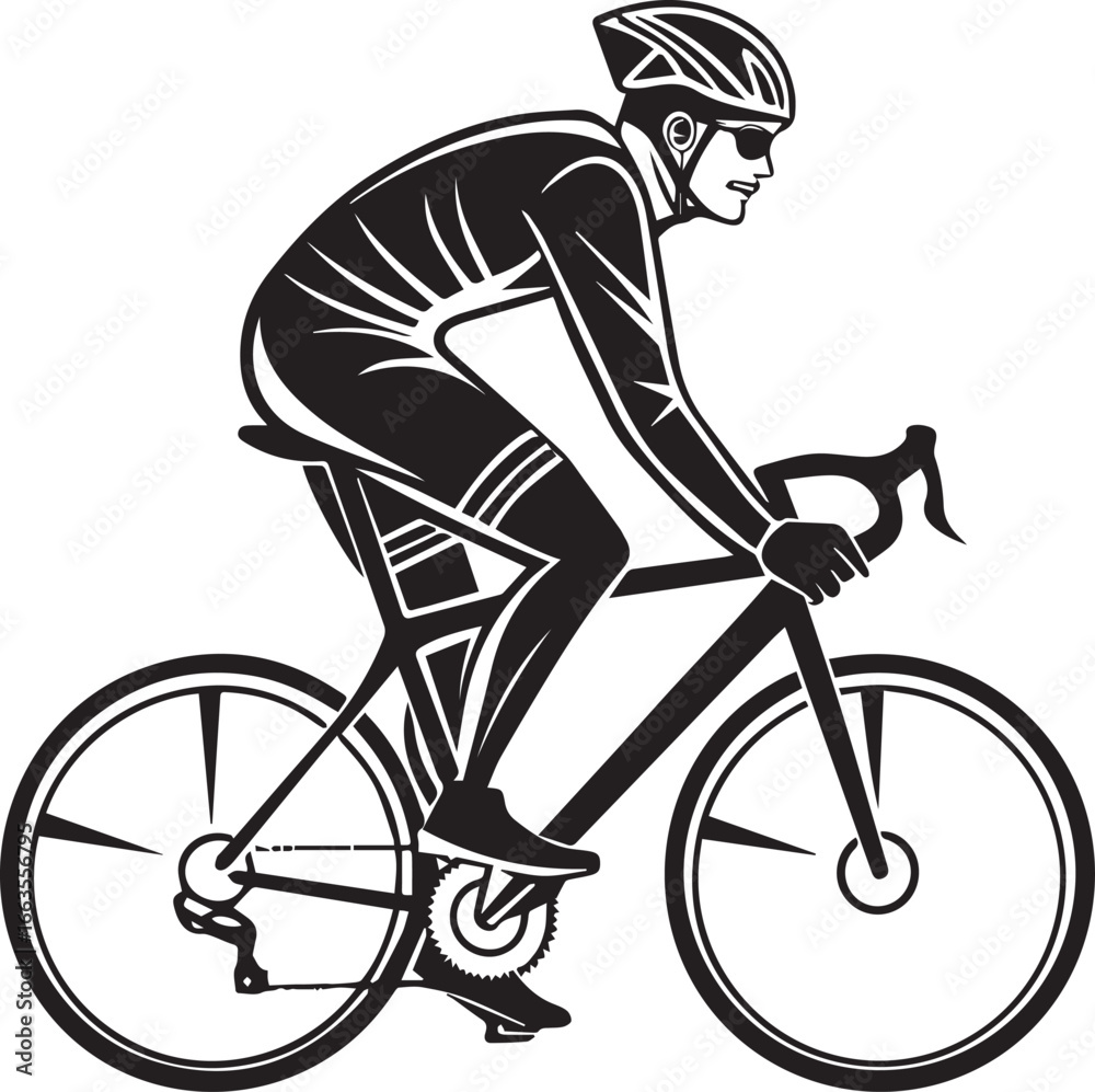 Naklejka premium Silhouette of a cyclist in a racing posture on a bicycle, a symbol of sport and competition