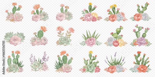 An elegant collection of isolated watercolor illustrations featuring cacti, succulents, and floral bouquets.