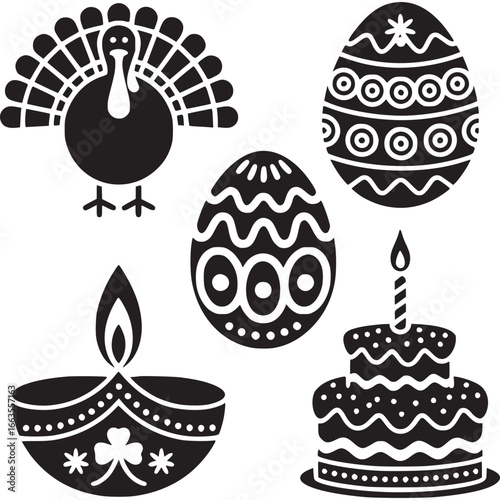 Art of a festive collection of five holiday symbols including a thanksgiving turkey, decorated easter eggs, a diwali lamp, and a birthday cake