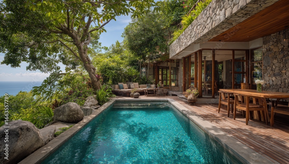 custom made wallpaper toronto digitalLuxurious cliffside villa with a pool overlooking the ocean. Lush tropical foliage surrounds a modern home with a wooden deck and dining area