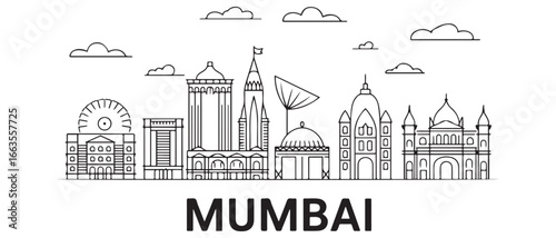 Mumbai skyline landscape view of the city of Mumbai with characteristics of buildings and monuments in line vector art, BOMBAY city vector panoramic sketch. with white background