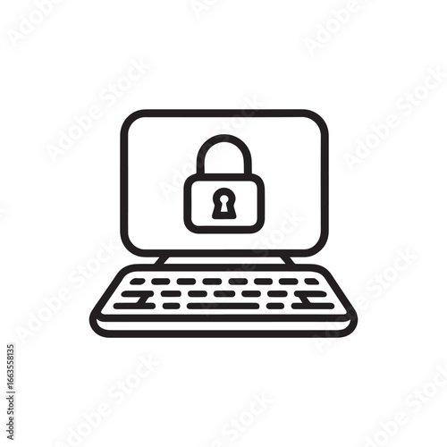 Laptop with Lock Icon Vector Black and White