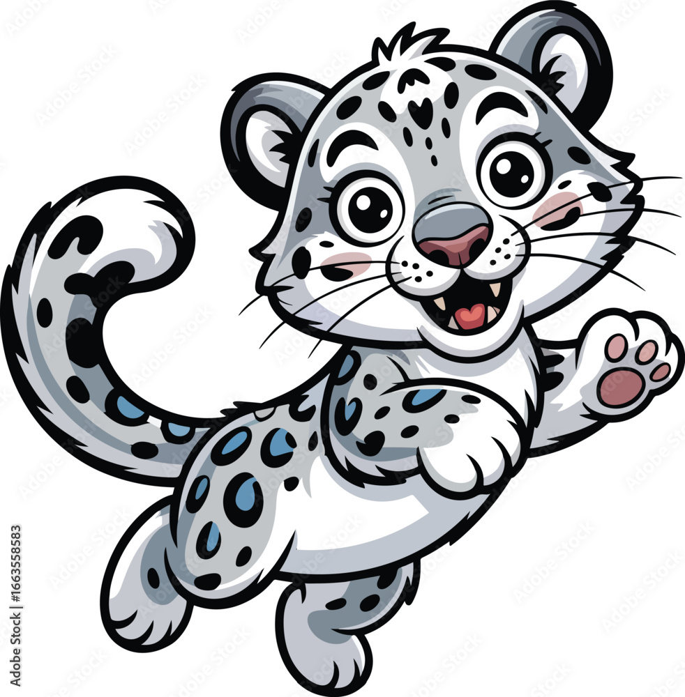 Fototapeta premium Funny playful snow leopard character. Give it large, expressive eyes, a mischievous grin, and an exaggerated, animated pose