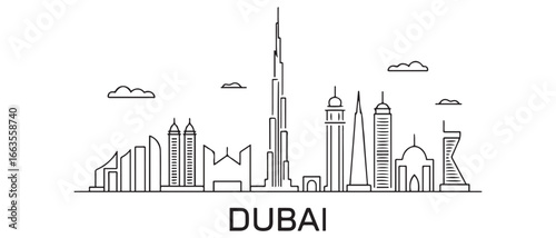 Dubai city skyline towers and landmarks cityscape in liner illustration style vector, Dubai city line art Vector illustration with all famous towers, Cityscape Dubai 