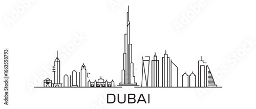 Dubai city skyline towers and landmarks cityscape in liner illustration style vector, Dubai city line art Vector illustration with all famous towers, 