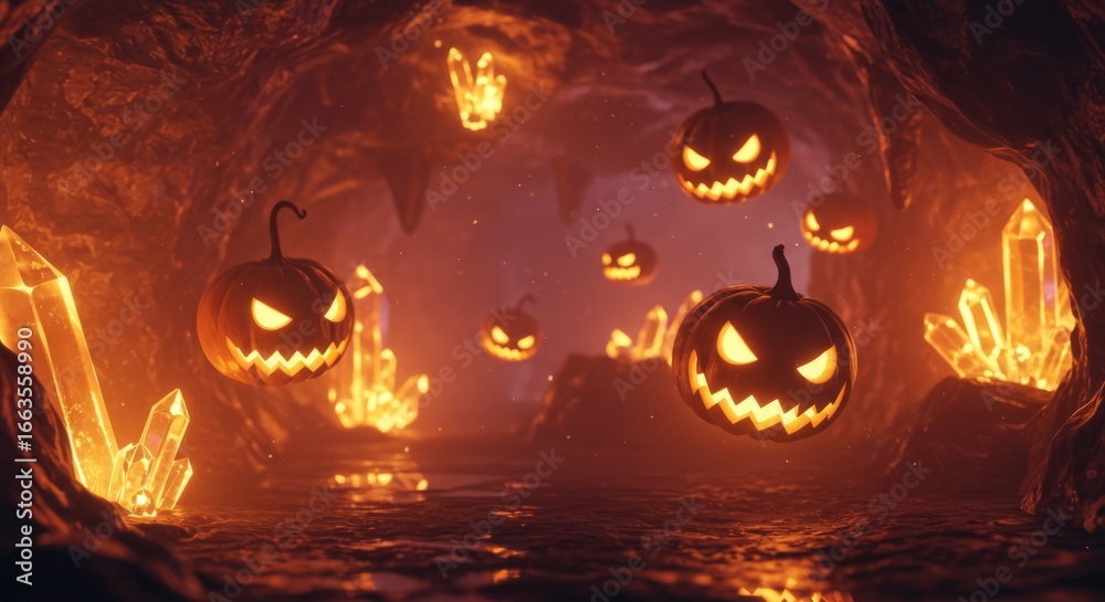 Fototapeta premium Fiery Jack-o-lanterns Swarm a Glowing Crystal Cave Grotto.