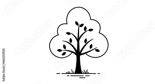 Minimalist black and white tree with leaves on a white background