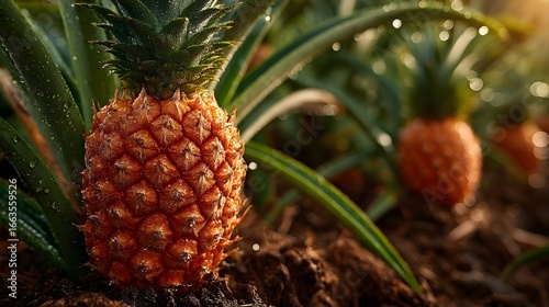 A Fresh Pineapple Plantation: Close-up of Growing Fruits with Lush Greenery