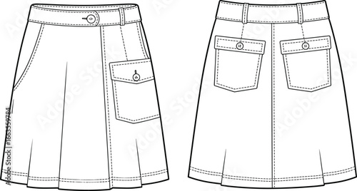 CAD drawing flat vector illustration of pleated skirt, front and back views, flap pockets, button closure, waistband detail, fashion sketch template, stylish garment layout, sewing pattern design