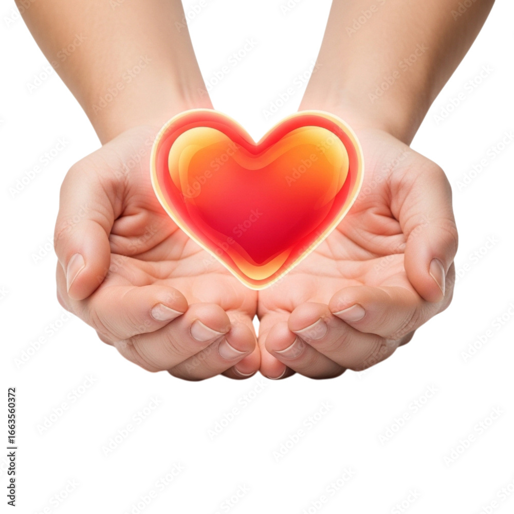 Obraz premium Warm glowing red heart held gently in open caring hands symbolizing love and generosity transparent background