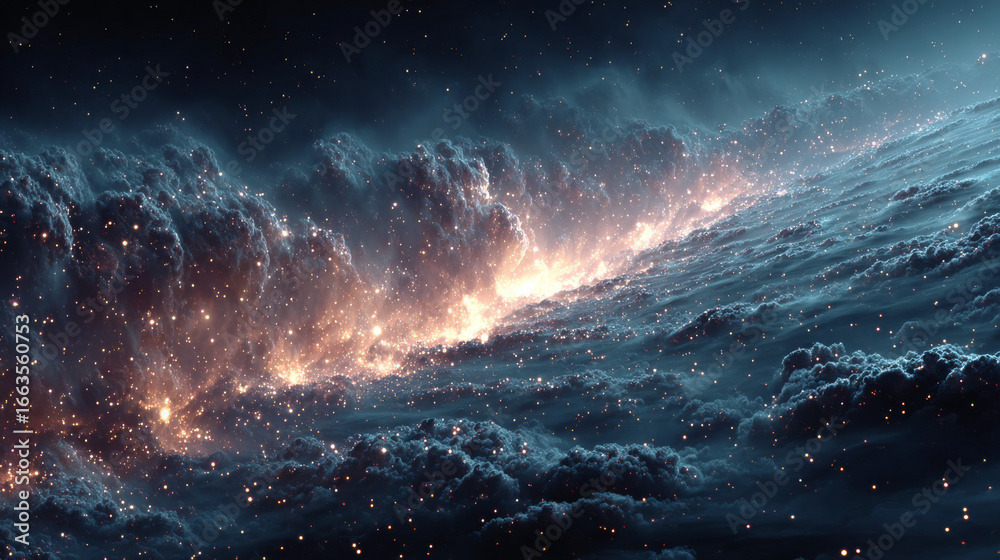 Naklejka premium 3d rendering. Fantastic background of bright glowing particles in deep space. Bright electric flashes