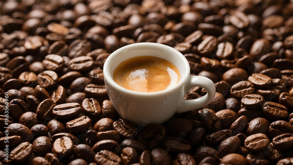 Fototapeta premium Top-down shot of glossy Arabica beans with espresso cup and rich crema