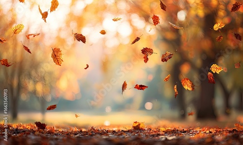 Autumn leaves falling in a park at sunset