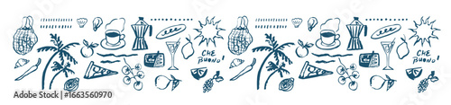Summer mediterranean hand drawn doodle design elements. Retro coastal aesthetic. Italy beach vacations set. Ink sketch textured effect. Sweet food, beverage, items of beach rest, marine fauna