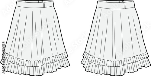 CAD drawing flat vector illustration of pleated skirts, layered hemline design, waistband detail garment, front and back view, stylish fashion layout, structured clothing template mockup