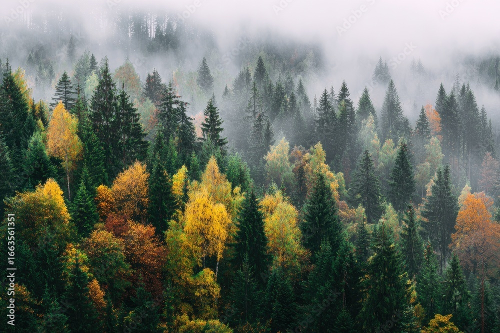 Obraz premium Misty mountain forest in autumn (1)