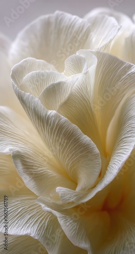 Close-up of a delicate, creamy white flower, petals rippled and layered