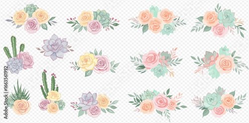 A collection of beautiful watercolor bouquets with pastel roses, succulents, and cacti.