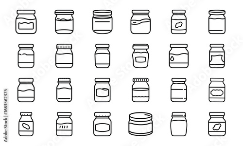 Collection of black and white drink and beverage icons, soda, beer, bubble tea, juice, coffee, tea, wine, cocktails, smoothies, honey jar, pickle jar, milk carton, energy drink, condiment bottles, and