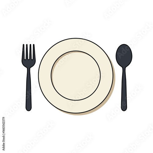 Black And White Vector Illustration Of Plate Fork And Spoon