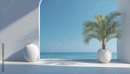 Whitewashed balcony overlooking ocean. Lush palm