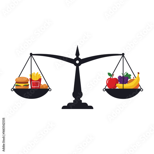 Black And White Vector Illustration Of Scales Balancing Healthy Food And Fast Food