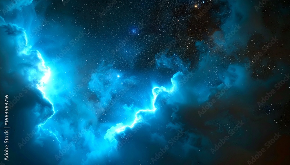 Fototapeta premium Abstract blue cosmic lightning in a dark galaxy with stars and nebulae, a breathtaking celestial phenomenon