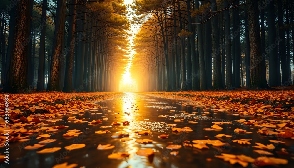 Fototapeta premium Autumnal forest path with fallen leaves reflecting golden light, creating a serene and mystical atmosphere.